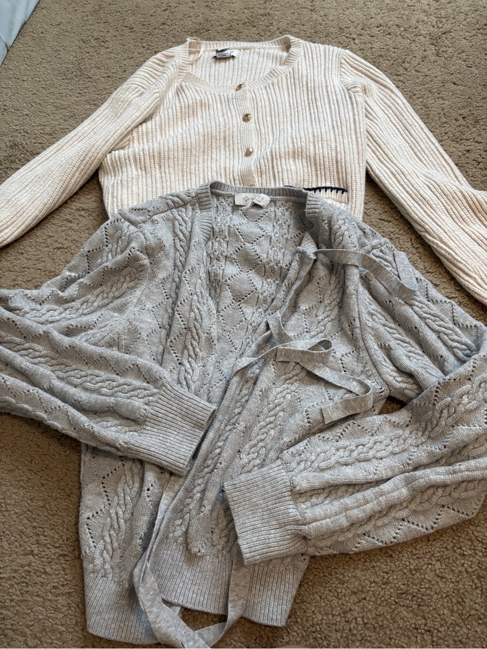 Cream Ribbed Button-Front Sweater and Light Gray Cable-Knit Cardigan Set Large